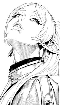 1girl elf frieren greyscale highres lips meme monochrome nose pointy_ears simple_background solo sousou_no_frieren teeth thick_eyebrows twintails upward_angle_frieren_drawing_(meme) websake white_background