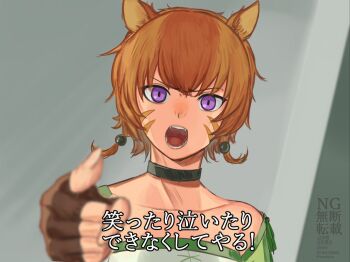 Rule 34 | 1girl, animal ears, cat ears, cat girl, choker, collar, collarbone, commentary request, drill instructor, facepaint, facial mark, fangs, fire emblem, fire emblem: path of radiance, fire emblem: radiant dawn, full metal jacket, green choker, green collar, hair between eyes, hand guard, imitating, laguz (fire emblem), lethe (fire emblem), looking at viewer, nintendo, open mouth, orange hair, parody, pointing, pointing at viewer, purple eyes, scene reference, sgt hartman, shouting, subtitled, translated, watakon (owatakon47), whisker markings