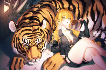 1girl absurdres aged_up animal_ears black_shirt black_shorts blonde_hair blush breasts cleavage crossed_legs food green_eyes hair_between_eyes highres holding holding_food ju_fufu large_breasts long_hair looking_at_viewer meat open_mouth shirt shorts sidelocks skimun solo tiger tiger_ears tiger_girl zenless_zone_zero