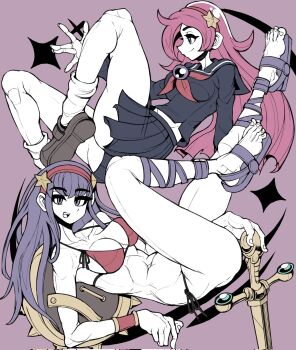 Rule 34 | 2girls, ahoge, ando606mph, asamiya athena, ass, athena (series), bikini, breasts, cleavage, feet, from side, half-closed eyes, highres, large breasts, legs, long hair, looking at viewer, lying, midriff peek, multiple girls, nails, navel, no panties, open mouth, pink hair, princess athena, purple eyes, purple hair, red bikini, school uniform, shield, sideboob, skirt, snk, soles, swimsuit, sword, teeth, the king of fighters, thighs, toned, tongue, weapon