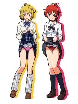 Rule 34 | 2girls, ahoge, black bow, black bowtie, black choker, black skirt, black socks, blonde hair, blue bow, blue bowtie, blue eyes, blue skirt, blush, bow, bow panties, bowtie, brown shoes, cardigan, choker, clothes lift, commentary request, commission, crotch seam, dress shirt, gluteal fold, gyaru, hair ribbon, hairband, heart, heart choker, highres, ibuki tsubasa, idolmaster, idolmaster million live!, julia (idolmaster), lielos, lifting own clothes, loafers, long sleeves, looking at viewer, loose socks, lowleg, lowleg panties, miniskirt, multiple girls, open mouth, panties, partial commentary, pixiv commission, plaid clothes, plaid skirt, pleated skirt, purple panties, red eyes, red hairband, red panties, ribbon, scrunchie, shirt, shoes, short hair, silhouette, simple background, skirt, skirt lift, sleeves rolled up, smile, socks, standing, underwear, white background, white cardigan, white shirt, white socks, wing collar, wrist scrunchie