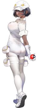1girl aether_foundation_employee aether_foundation_employee_(female) ass black_hair blush breasts dark-skinned_female dark_skin elbow_gloves from_side full_body gloves grey_eyes highres holding holding_poke_ball large_breasts looking_at_viewer marushin_(denwa0214) nintendo parted_lips poke_ball pokemon pokemon_sm pouch short_sleeves smile solo thigh_pouch thighs white_background white_gloves white_headwear