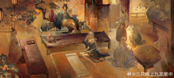 3girls 6+boys abe_no_seimei_(onmyoji) absurdres animal_ears aoandon barefoot black_hair blue_sleeves bow breasts character_request desk folding_screen food fruit hakuzousu_(onmyoji) hand_fan highres holding holding_fan indoors japanese_clothes kachou_fuugetsu_(onmyoji) kaisei_kachou_fuugetsu_(onmyoji) lantern minamoto_no_yorimitsu_(onmyoji) multiple_boys multiple_girls onmyoji ootengu_(onmyoji) painterly peach red_bow red_carpet san_hua_feng_shang_jiulong_ke_zhong shoyou_(onmyoji) sitting standing tamamo_no_mae_(onmyoji) tree ukiyo_aoandon_(onmyoji) white_hair wooden_floor youkinshi_(onmyoji)