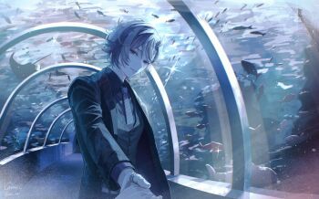 1boy absurdres aquarium aquarium_tunnel black_suit ca_mei closed_mouth fish formal_clothes fuwa_minato fuwa_minato_(2nd_costume) grey_hair hair_between_eyes hashtag-only_commentary highres indoors jacket jewelry looking_at_viewer male_focus multicolored_hair necktie nijisanji open_clothes open_jacket pov pov_hands purple_eyes ring short_hair smile solo_focus standing streaked_hair suit upper_body vest virtual_youtuber waistcoat