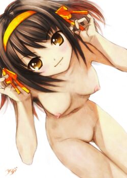 Rule 34 | 00s, blush, bow, breasts, brown hair, from above, hair bow, hairband, kobayashi yuji, nipples, nude, suzumiya haruhi, suzumiya haruhi no yuuutsu, yellow eyes