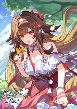 1girl abby_riddle absurdres animal_ears artist_name bare_shoulders blue_sky breasts brown_hair bug butterfly butterfly_on_hand chinese_commentary cleavage commentary_request fox_ears fox_girl hairband highres insect large_breasts logo long_hair looking_at_viewer open_mouth red_eyes red_skirt shirt skirt sky smile solo tree very_long_hair white_hairband white_shirt ye_shunguang zenless_zone_zero