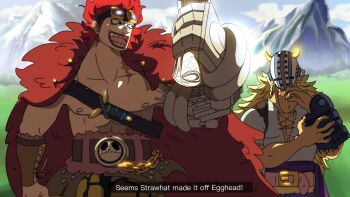 2boys blonde_hair cape chest_belt commentary english_commentary eustass_kid fake_horns fur_cape goggles goggles_on_head helmet highres holding holding_newspaper horned_helmet horns kidlaw_069 killer_(one_piece) long_hair male_focus mask mechanical_arms mountain multiple_boys newspaper nipples one_piece pectorals pirate prosthesis prosthetic_arm rectangular_eyewear red_cape red_hair scar scar_across_eye scar_on_face short_hair single_mechanical_arm