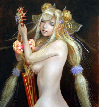 blonde_hair breasts bun_cover comiket_96 commentary_request dark_background double_bun eyeshadow fake_nails fingernails hair_bun hands_up kaworu_(pixiv2055) long_fingernails long_hair makeup medium_breasts nude oil_painting_(medium) painting_(medium) parted_lips pink_lips ponytail realistic red_nails sharp_fingernails thunderbolt_fantasy traditional_media twintails upper_body xie_yingluo