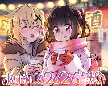 2girls akatsuki_kirika closed_eyes festival fur-trimmed_jacket fur_trim happy_new_year hot_drink jacket licking_lips multiple_girls new_year pink_scarf scarf senki_zesshou_symphogear signature tongue tongue_out tsukuyomi_shirabe tsuta_no_ha