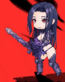 1girl animated animated_gif armor armored_boots bankohin_mange bikini bikini_armor boots breasts chibi cleavage curvy fighting_stance gauntlets holding holding_shield holding_sword holding_weapon large_breasts light_smile lilith-soft lips long_hair orange_eyes purple_hair red_background shield shiny_skin swimsuit sword taimanin_(series) taimanin_rpgx thong thong_bikini weapon wide_hips
