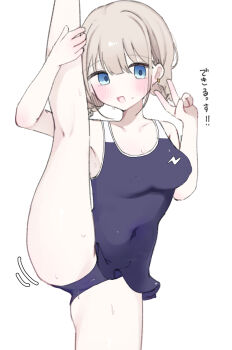 1girl arm_up blue_eyes blue_one-piece_swimsuit blunt_bangs blush braid commentary_request covered_erect_nipples earrings grey_hair highres idolmaster idolmaster_shiny_colors jewelry kotatuneko15 leg_lift medium_hair motion_lines one-piece_swimsuit open_mouth pale_skin school_swimsuit serizawa_asahi simple_background smile solo solo_focus sweatdrop swimsuit translation_request twin_braids v white_background