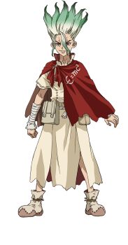 1boy bandaged_arm bandages belt_pouch cape capelet dr._stone e=mc2_(equation) full_body gradient_hair green_hair grin highres ishigami_senkuu iwasa_yuuko looking_at_viewer male_focus multicolored_hair official_art pouch red_cape red_capelet red_eyes smile solo spiked_hair standing torn_clothes white_background white_hair