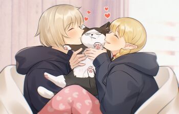 2girls animal animalization black_fur black_hoodie blonde_hair braid cat closed_mouth commentary contemporary dungeon_meshi elf falin_touden falin_touden_(tallman) heart highres holding holding_animal hood hoodie izutsumi kiss kissing_cheek marcille_donato mayo_(mayo88meshi) multiple_girls pawpads pointy_ears short_hair smile symbol-only_commentary teeth two-tone_fur unamused white_fur window yellow_eyes