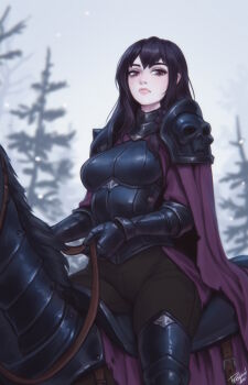 Rule 34 | 1girl, armor, black hair, cape, closed mouth, commentary, english commentary, highres, horse, horseback riding, long hair, original, outdoors, personal ami, riding, shoulder armor, solo