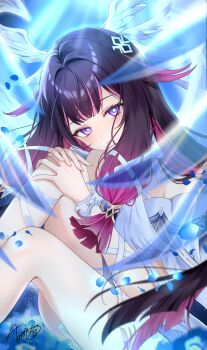 1girl absurdres almanju angel_wings_hair_ornament artist_name bare_legs bare_shoulders black_hair blunt_bangs bow closed_mouth columbina_(genshin_impact) commentary fingernails flower genshin_impact gradient_eyes gradient_hair hair_ornament head_wings highres long_hair looking_at_viewer low-tied_sidelocks moon-shaped_pupils multicolored_eyes multicolored_hair own_hands_together petals pink_eyes pink_hair purple_eyes ribbon sidelocks signature sitting smile solo streaked_hair symbol-only_commentary white_bow wing_hair_ornament wings wrist_ribbon