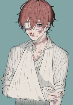 1boy aqua_background aqua_eyes arm_sling bandage_over_one_eye bandaged_arm bandages blood blood_on_face bruise bruise_on_face bruise_on_neck bruised_eye cigarette_burn collared_shirt crying crying_with_eyes_open eyepatch hair_between_eyes hypnosis_mic injury kannonzaka_doppo light_frown looking_to_the_side male_focus medical_eyepatch multicolored_hair nosebleed pale_skin partially_unbuttoned piercing_hole pinstripe_pattern pinstripe_shirt raised_eyebrows red_hair removing_fingernails reverse_ryona shirt short_hair simple_background sleeves_rolled_up solo streaked_hair striped_clothes striped_shirt sweat tears track_marks upper_body wata_i white_shirt