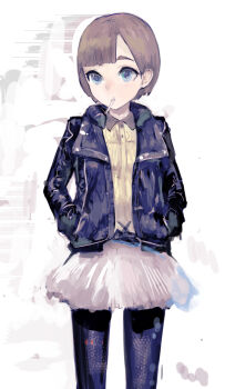 Rule 34 | 1girl, blue eyes, blunt bangs, candy, female focus, food, food in mouth, hands in pockets, jacket, leggings, lollipop, original, short hair, simple background, skirt, solo, tutu, uturo