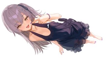 1girl bare_back bare_shoulders barefoot bracelet dress female_focus flat_chest full_body girls&#039;_frontline girls&#039;_frontline_2:_exilium grey_hair hair_ribbon highres jewelry leva_(girls&#039;_frontline_2) light_blush long_hair looking_at_viewer nail_polish official_alternate_costume open_mouth plunplun purple_dress ribbon scar scar_across_eye scar_on_face simple_background ump45_(diamond_flower)_(girls&#039;_frontline) ump45_(girls&#039;_frontline) white_background yellow_eyes