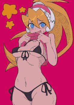 1girl absurdres blonde_hair blue_eyes blush breasts buzzlyears ciel_(mega_man) clothes_lift collarbone front-tie_bra helmet high_ponytail highres mega_man_(series) mega_man_zero_(series) navel panties pink_background pink_helmet pink_shirt ponytail shirt shirt_lift side-tie_panties simple_background sleeveless sleeveless_shirt small_breasts solo star_(symbol) sweat tears underwear