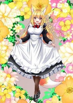 Rule 34 | 1girl, :d, absurdres, animal ear fluff, animal ears, apron, black dress, black pantyhose, black shoes, blonde hair, breasts, bush, commentary request, dress, floral background, flower, fox ears, fox girl, fox tail, frilled apron, frills, full body, hair between eyes, highres, holding own dress, juliet sleeves, large breasts, long sleeves, looking at viewer, maid, open mouth, orange flower, original, pantyhose, pink flower, puffy sleeves, red eyes, shoes, signature, smile, solo, standing, tail, uma (uma mohumohu), white apron, white flower, yellow flower