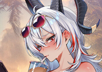 Rule 34 | 1girl, black eyes, black horns, blush, cellphone, closed mouth, commentary, cropped, curled horns, drinking, drinking straw, drinking straw in mouth, evening, eyewear on head, foxyreine, from side, grey hair, hair between eyes, highres, horns, implied nudity, long hair, looking at viewer, multicolored eyes, multicolored hair, orange sky, outdoors, phone, portrait, red-tinted eyewear, red eyes, signature, sky, smartphone, smile, solo, streaked hair, sunglasses, sweat, tinted eyewear, two-tone eyes, wuthering waves, zani (wuthering waves)