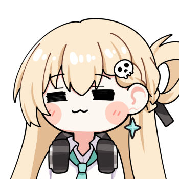 Rule 34 | 1girl, :3, = =, aqua necktie, blonde hair, chibi, chibi only, commentary, earrings, facing viewer, hair ornament, headphones, headphones around neck, jewelry, long hair, lynae (wuthering waves), necktie, shirt, simple background, skull hair ornament, solo, sousou no frieren, star (symbol), star earrings, sticker (medium), twomoon, white background, white shirt, wuthering waves