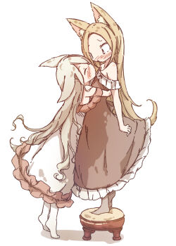 2girls animal_ears blonde_hair blush brown_dress cat_ears cat_girl chipie_0114 commentary_request dress frilled_dress frills full_body highres hug imminent_kiss looking_at_another multiple_girls on_stool original standing tiptoes white_dress yuri