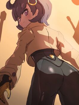 1girl ass black_bodysuit black_hair bodysuit brown_jacket closed_mouth emma_(pokemon) from_behind from_below hair_ornament jacket looking_at_viewer looking_back nintendo pokanine pokemon pokemon_legends:_z-a purple_eyes short_hair side_ahoge smile solo yellow_background