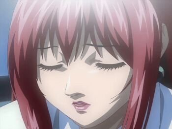 00s 1girl 2002 animated animated_gif bedroom bible_black bible_black_night_of_the_walpulgiss book earrings jewelry lipstick long_hair makeup mature_female purple_eyes red_hair red_lips shirt solo surprised tagme takashiro_hiroko teacher white_shirt