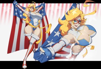 1girl absurdres ahoge american_flag american_flag_background american_flag_print blonde_hair blue_eyes boots breasts cleavage clothing_cutout commentary domino_mask earrings elbow_gloves english_commentary eye_mask fingerless_gloves flag_print gloves gold_bow highres jewelry kamen_america kamen_america_(comic) large_breasts leotard loftysundew long_hair looking_at_viewer mask open_mouth patriotism smile solo star_(symbol) star_cutout star_earrings striped_clothes striped_footwear superhero_costume vertical-striped_footwear