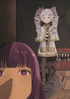 Rule 34 | 2girls, = =, absurdres, capelet, closed eyes, closed mouth, commentary, drill hair, dungeon, earrings, elf, facing viewer, fern (sousou no frieren), frieren, highres, indoors, jacket, jewelry, long hair, long sleeves, looking at viewer, messy hair, mimic, mimic chest, multiple girls, naaga sonomono, pointy ears, pout, purple eyes, purple hair, shirt, sousou no frieren, standing, twin drills, white capelet, white hair, white jacket, white shirt