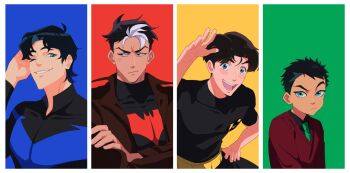 38sr 4boys anger_vein batman_(series) black_hair blue_eyes blush_stickers bodysuit border crossed_arms damian_wayne dc_comics dick_grayson green_necktie grin jason_todd looking_to_the_side male_focus multicolored_background multicolored_hair multiple_boys necktie nightwing one_eye_closed parted_lips red_hood_(dc) shirt short_hair short_sleeves smile sweater t-shirt tim_drake upper_body very_short_hair white_border