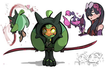 +_+ 1boy 2girls bendy_straw carmine_(pokemon) carmine_(sygna_suit)_(pokemon) cutting drinking_straw elden_ring horns juliana_(pokemon) kieran_(pokemon) multiple_girls multiple_views nintendo ogerpon pecharunt pokemon pokemon_masters_ex pokemon_sv simple_background tirarizun weapon white_background