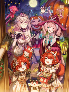 6+girls absurdres aglaea_(honkai:_star_rail) animal_ear_fluff animal_hands aqua_hair bandages bell black_fur bug butterfly candy castorice_(honkai:_star_rail) cerydra_(honkai:_star_rail) character_charm charm_(object) chimera_(honkai:_star_rail) chrysos_heirs_(honkai:_star_rail) cipher_(honkai:_star_rail) closed_eyes commentary dress drill_hair dromas_(honkai:_star_rail) english_commentary evey_(honkai:_star_rail) flower food halloween_bucket hat highres honkai:_star_rail honkai_(series) hyacine_(honkai:_star_rail) hysilens_(honkai:_star_rail) insect isome little_ica_(honkai:_star_rail) moon multiple_girls pink_hair pointy_ears pollux_(honkai:_star_rail) pov pumpkin purple_hair red_hair tiara trianne_(honkai:_star_rail) tribbie_(honkai:_star_rail) trinnon_(honkai:_star_rail) twin_drills witch_hat