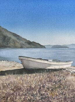 Rule 34 | blue sky, boat, day, gradient sky, highres, mouen tw, no humans, ocean, original, outdoors, painting (medium), sky, traditional media, watercolor (medium), watercraft