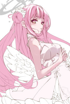 1girl absurdres bare_arms blue_archive breasts commentary_request covered_erect_nipples dress feathered_wings hair_bun halo highres long_hair medium_breasts mika_(blue_archive) own_hands_together pink_hair saramowa simple_background single_side_bun sleeveless sleeveless_dress solo unfinished very_long_hair white_background white_dress white_wings wings yellow_eyes