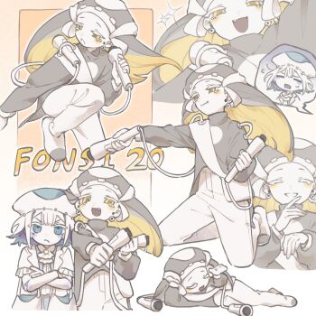 Rule 34 | 2girls, aqua eyes, aqua hat, black headdress, black shirt, black veil, collage, colored inner hair, dot nose, fang, frown, hat, high-waist pants, highres, long sleeves, medium hair, multicolored hair, multiple girls, multiple views, object request, original, pale color, pants, payage, shirt, sidelocks tied back, skirt, sweater, turtleneck, turtleneck sweater, two-tone veil, v-shaped eyebrows, veil, white hat, white pants, white skirt, yellow eyes, yellow veil