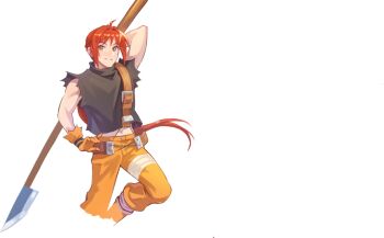 Rule 34 | 1boy, ahoge, archived source, artist request, belt, belt buckle, black shirt, brown belt, buckle, buttons, closed mouth, gloves, hair intakes, holding, holding behind back, holding polearm, holding weapon, holding weapon behind back, large belt, long hair, looking to the side, loose belt, male focus, midriff, muscular, muscular male, nexon, official art, open hand, orange gloves, orange pants, pants, polearm, ponytail, red hair, second-party source, shirt, shoulder belt, sidelocks, simple background, sivelin uuo, sleeveless, sleeveless shirt, smile, solo, spear, split mouth, tales weaver, torn clothes, torn gloves, torn shirt, transparent background, unfinished, very long hair, weapon, yellow eyes