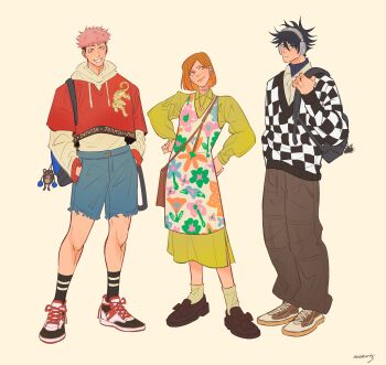 Rule 34 | 1girl, 2boys, absurdres, alternate costume, backpack, bag, black hair, black shoes, blue shorts, bob cut, brown bag, brown pants, checkered sweater, commentary, cutoffs, ear piercing, english commentary, floral print, full body, fushiguro megumi, grey eyes, grin, hands in pockets, headphones, highres, hood, hoodie, itadori yuuji, jujutsu kaisen, kugisaki nobara, messy hair, multiple boys, nessieartss, orange hair, pants, piercing, pink hair, shirt, shoes, short hair, shorts, simple background, smile, sneakers, standing, undercut, white background, white hoodie, yellow shirt