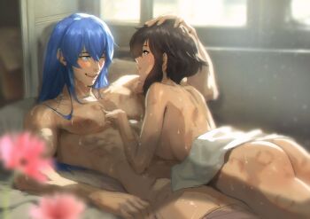1boy 1girl absurdres aftersex alternate_hairstyle ass bed bed_sheet bedroom bite_mark black_hair blanket blue_hair blush breast_press breasts commission commissioner_upload completely_nude couple cuddling eye_contact fire_emblem fire_emblem:_genealogy_of_the_holy_war flower hand_on_another&#039;s_chest hand_on_another&#039;s_head hetero hickey highres implied_after_sex indoors larcei_(fire_emblem) long_hair looking_at_another lying lying_on_person medium_breasts nintendo nipples nude on_back on_bed on_person on_stomach one_eye_closed open_mouth pillow seliph_(fire_emblem) short_hair sidelocks smile spykeee