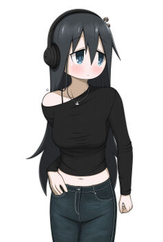 1girl absurdres alternate_costume black_shirt blue_eyes blue_hair blush breasts closed_mouth denim dokadayo expressionless grey_background hand_in_pocket headphones highres jeans long_hair looking_to_the_side medium_breasts midriff mushroom mushroom_on_head navel object_on_head pants shimeji_simulation shirt simple_background single_bare_shoulder solo tsukishima_shijima very_long_hair