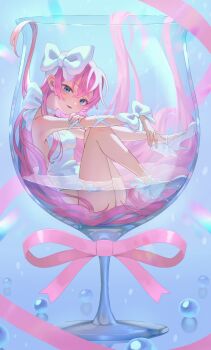 Rule 34 | 1girl, absurdres, amanegi toro, bare legs, bare shoulders, bottle, breasts, champagne flute, cup, drinking glass, hair ornament, highleg, highleg one-piece swimsuit, highres, in bottle, in container, large breasts, long hair, looking at viewer, one-piece swimsuit, original, pink hair, ribbon, simple background, sitting, smile, solo, swimsuit, thighs, wine glass