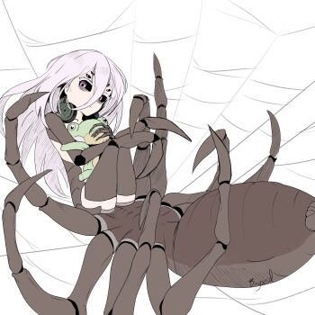 1girl abdomen_tail arachne arthropod_girl arthropod_limbs bags_under_eyes black_sclera brown_carapace bugseid colored_sclera colored_skin commentary completely_nude english_commentary expressionless extra_eyes extra_legs headphones headphones_around_neck highres holding holding_stuffed_toy insect_girl legs_up long_hair looking_at_viewer lying monster_girl multicolored_skin nude on_back original pale_skin purple_eyes signature silk solo spider_girl spider_web spider_web_print stuffed_animal stuffed_frog stuffed_toy taur thick_eyelashes white_hair