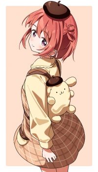 1girl absurdres akaza_akari backpack bag blush closed_mouth dot_nose dress feet female_focus hat highres long_sleeves medium_hair pompompurin purple_eyes red_hair sanrio simple_background smile solo standing yairo_ju yuruyuri