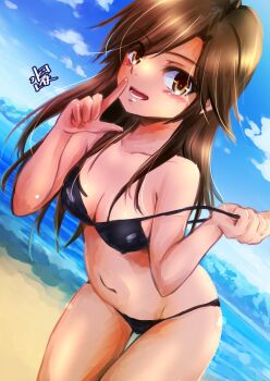 1girl arashio_(kancolle) beach blue_sky breasts brown_eyes brown_hair cleavage cloud day dutch_angle hashtag-only_commentary highres horizon index_finger_raised kantai_collection long_hair mizuya_chiharu navel ocean outdoors sky small_breasts smile solo thigh_gap