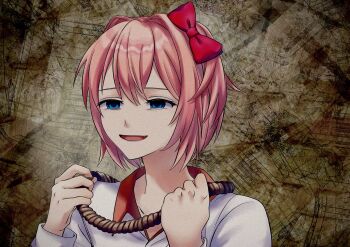1girl blue_eyes bow brown_background collared_shirt commentary doki_doki_literature_club dot_nose empty_eyes hair_bow hair_intakes half-closed_eyes hands_up highres holding imminent_suicide long_sleeves nnoioi_i noose open_mouth pink_hair portrait red_bow sayori_(doki_doki_literature_club) shirt short_hair smile solo variant_set white_shirt yellow_background
