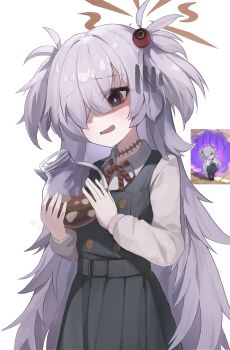 1girl absurdres black_dress blue_archive brown_eyes brown_halo collared_shirt commentary_request dress flask game_screenshot_inset grey_hair hair_over_one_eye halo highres holding holding_flask kanoe_(blue_archive) long_hair long_sleeves pinafore_dress red_eyes shaded_face shirt simple_background sleeveless sleeveless_dress tokcha two_side_up very_long_hair wavy_hair white_background white_shirt