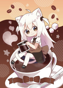 1girl :3 absurdres ahoge animal_ear_fluff animal_ears apron back_bow black_bow black_bowtie black_shoes black_skirt bow bowtie brown_apron brown_bow brown_eyes cat_ears cat_girl cat_tail closed_mouth coffee coffee_bean_hair_ornament coffee_mug coffee_pot collared_shirt commentary_request cup fang full_body highres holding holding_coffee_pot in_container in_cup long_hair mary_janes mini_person minigirl mug nipeira pantyhose plate puffy_short_sleeves puffy_sleeves shirt shoes short_sleeves sidelocks sitting skin_fang skirt smile solo spoon sugar_cube tail tama_world_coffee tamako_(tama_world_coffee) two_side_up white_hair white_pantyhose white_shirt