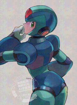 1boy armor ass blue_armor blue_helmet cowboy_shot forehead_jewel from_behind green_eyes grey_hair helmet kuwagata_mura male_focus mega_man_(series) mega_man_x_(series) simple_background solo x_(mega_man)