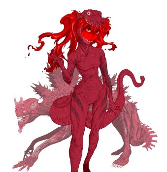 1girl breasts claws closed_mouth colored_skin crossover curvy dan_dagouglas eva_02 evangelion_(mecha) full_body fusion gainax giant giant_monster godzilla godzilla_(series) godzilla_(shin) hand_up highres kaiju liquid_hair long_hair looking_at_viewer monster monster_girl monsterification neon_genesis_evangelion red_eyes red_hair red_skin reptile_girl shin_godzilla simple_background small_breasts solo souryuu_asuka_langley standing tail toho twintails what white_background wide_hips